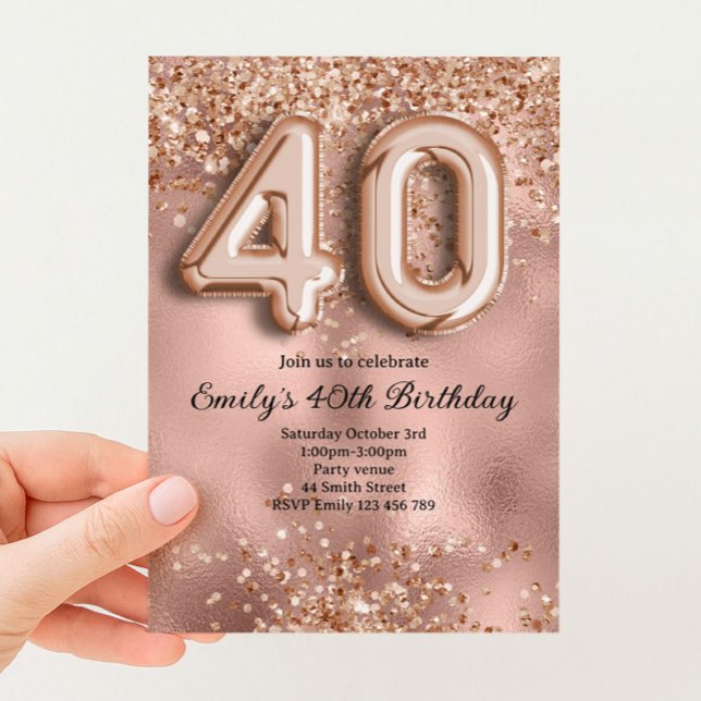Invitación 40 Cumpleaños de Purpurina Dorada Rosa (Subido por el creador)