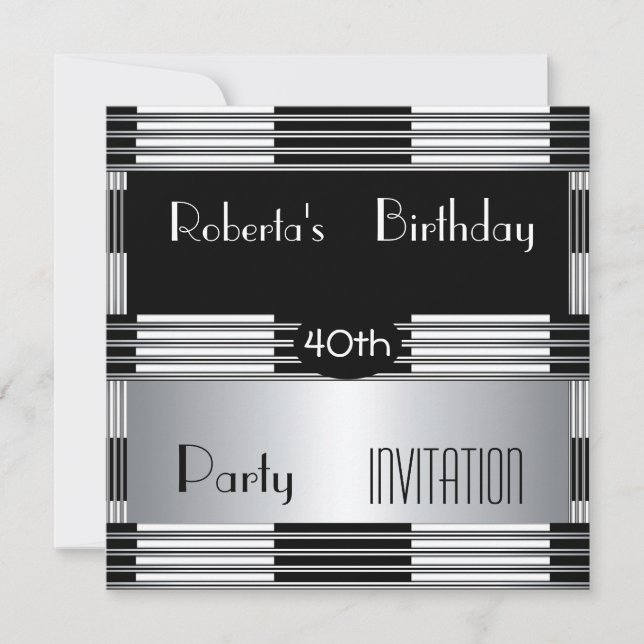 Invitación 40 cumpleaños fiesta Art Deco negro pla (Anverso)