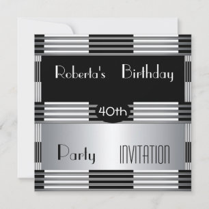 Invitación 40 cumpleaños Fiesta Art Deco Negro Sil