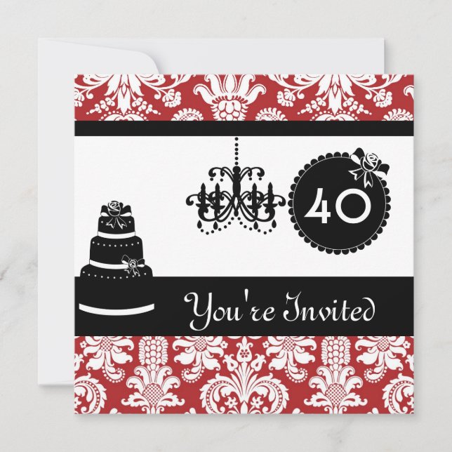 Invitación 40 cumpleaños Fiesta negro y blanco y rojo Damasco (Anverso)
