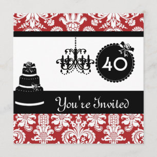 Invitación 40 cumpleaños Fiesta negro y blanco y rojo Damasco