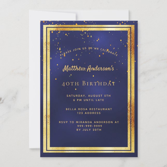 Invitación 40 cumpleaños fiesta oro azul espolvorear confetti (Anverso)