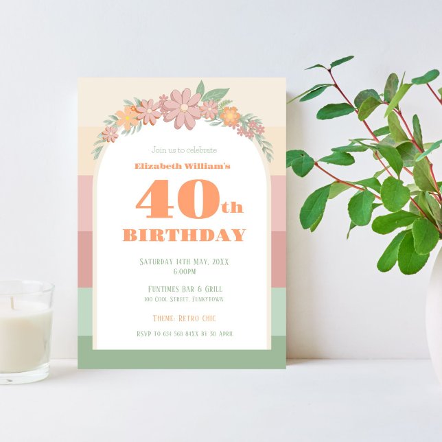 Invitación - 40 cumpleaños - floral rosa retro (Subido por el creador)