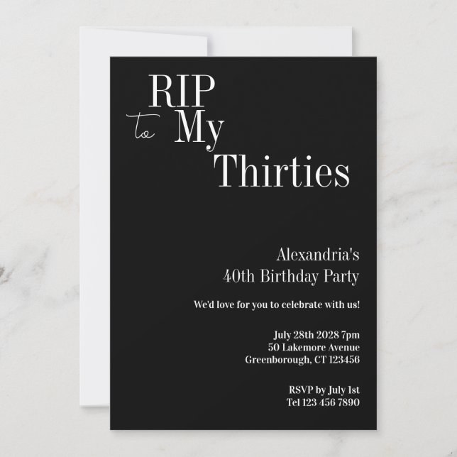 Invitación 40° cumpleaños RIP Fiesta blanco y negro de 30 año (Anverso)