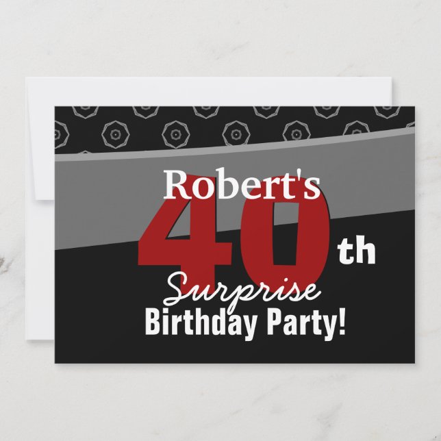 Invitación 40° cumpleaños sorpresa blanco negro horizontal (Anverso)