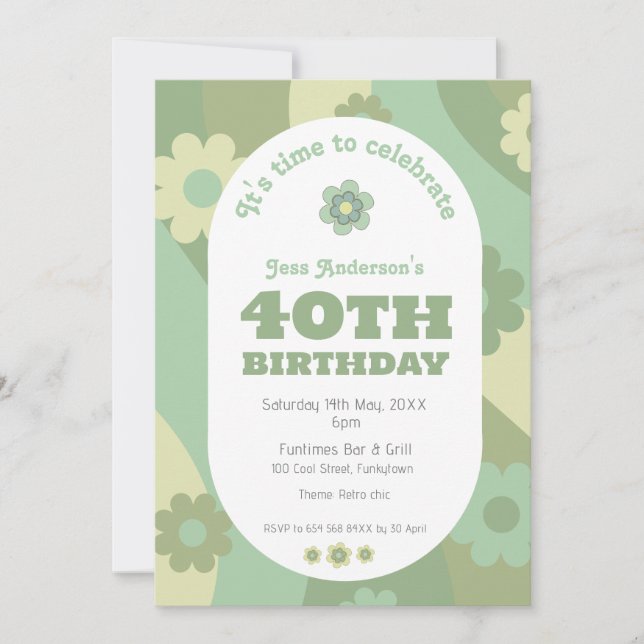 Invitación - 40 cumpleaños - verde sabio retro (Anverso)