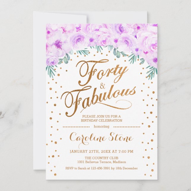 Invitación 40 Fabulosa fiesta de cumpleaños - Púrpura de oro  (Anverso)