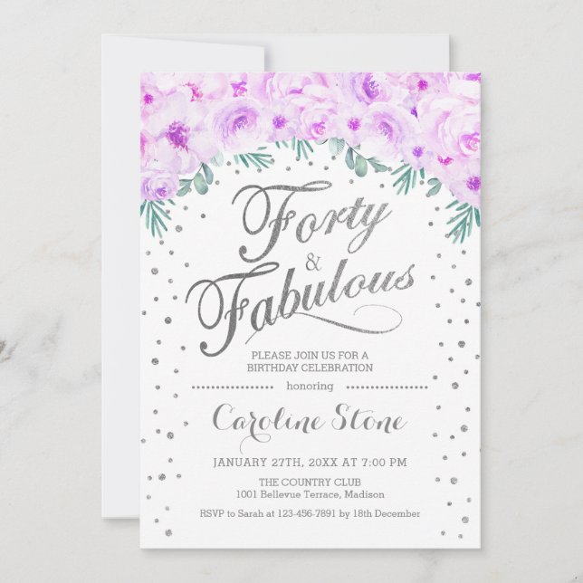 Invitación 40 Fabulosa fiesta de cumpleaños - Púrpura de Plat (Anverso)