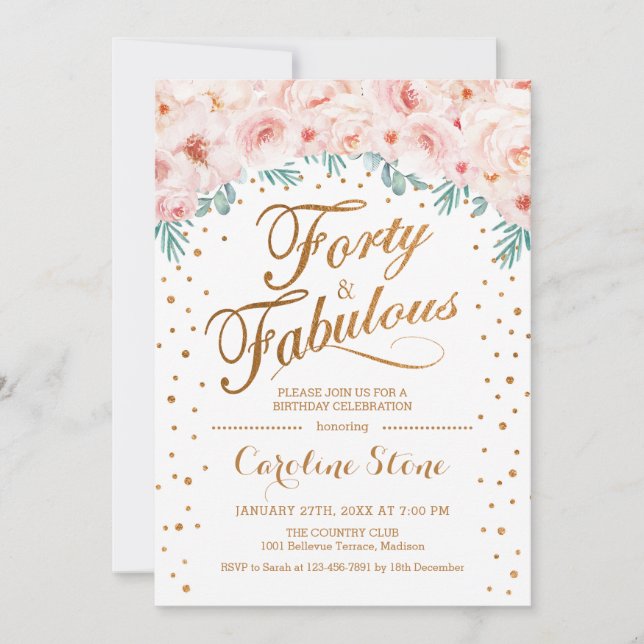 Invitación 40 Fabulosa fiesta de cumpleaños - Rosa de Oro Bla (Anverso)