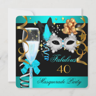 Invitación 40 Fabulosa Fiesta de Máscaras Azul Turquesa y Dor