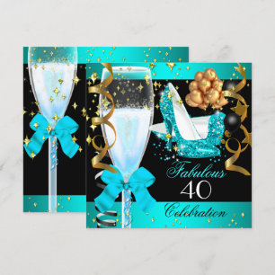 Invitación 40 Fabuloso Cumpleaños 40 Años Fiesta Azul Turques