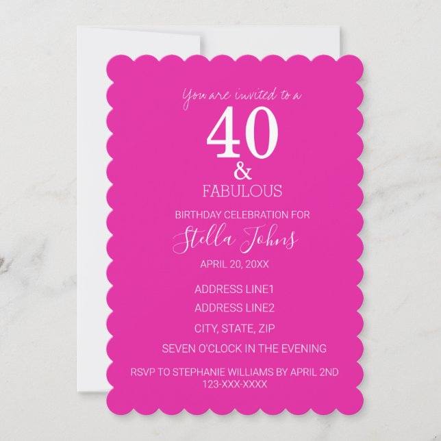 Invitación 40 Fabuloso Cumpleaños Caliente Rosa Blanco Vieira (Anverso)