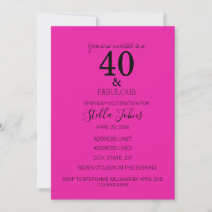 Invitación 40 Fabuloso cumpleaños Personalizado negro rosado 
