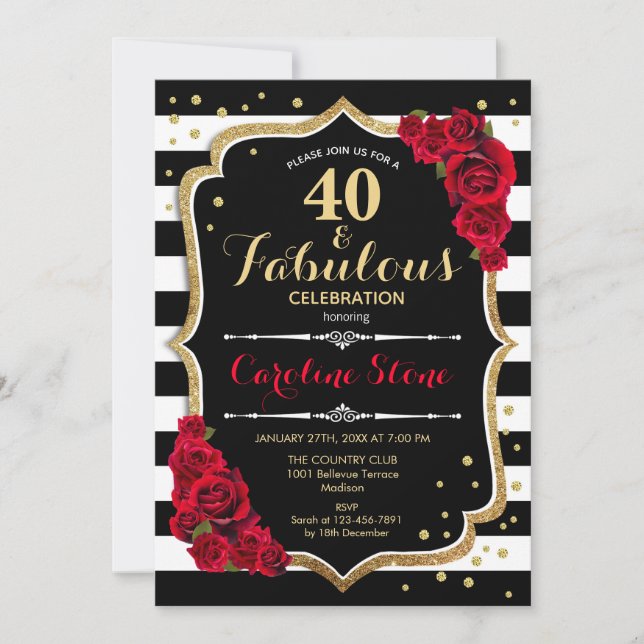 Invitación 40 fabuloso cumpleaños - Rosas franjas blancas neg (Anverso)