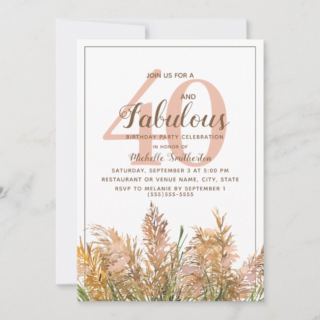 Invitación 40 Fabuloso Pampas Grass sobre Cumpleaños Blanco (Anverso)