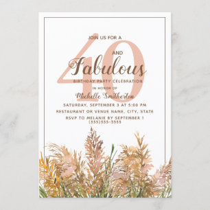 Invitación 40 Fabuloso Pampas Grass sobre Cumpleaños Blanco