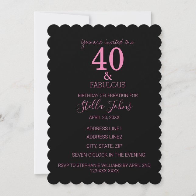Invitación 40 Fabuloso Pink Black Scallopped Birthday Trendy (Anverso)