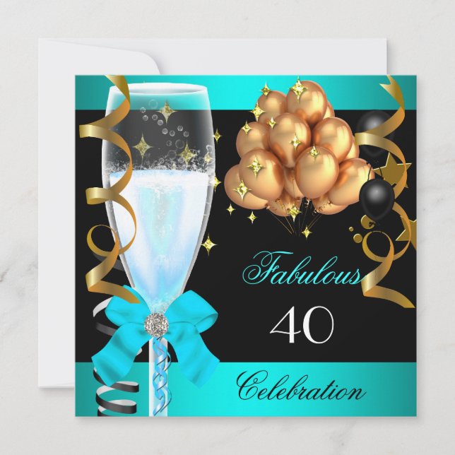 Invitación 40 Fabuloso Verde azulado Blue Gold 40 Fiesta de c (Anverso)