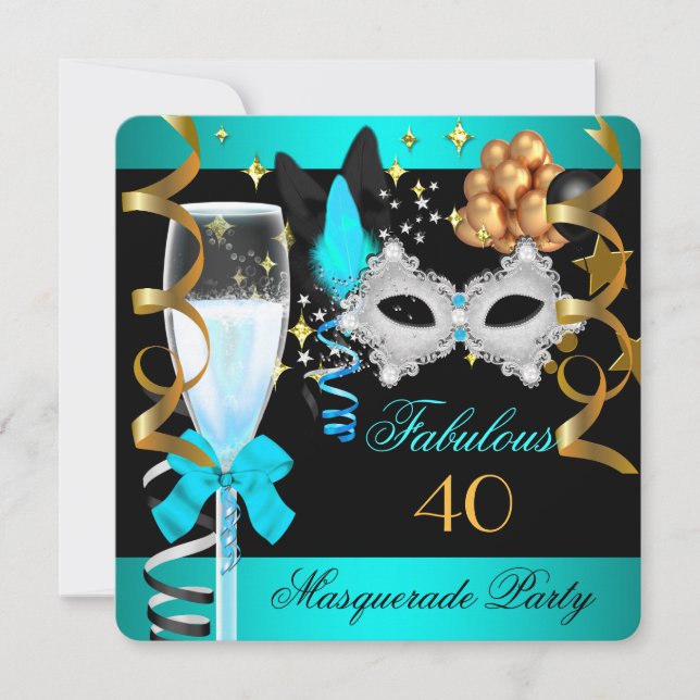 Invitación 40 Fabuloso Verde azulado Fiesta de la Mascarada d (Anverso)