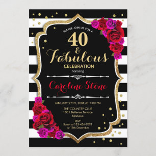Invitación 40 Fabulosos cumpleaños - Rosas de franjas blancas
