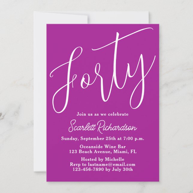Invitación 40 Fiesta de cumpleaños Dark Pink 40 con escritura (Anverso)