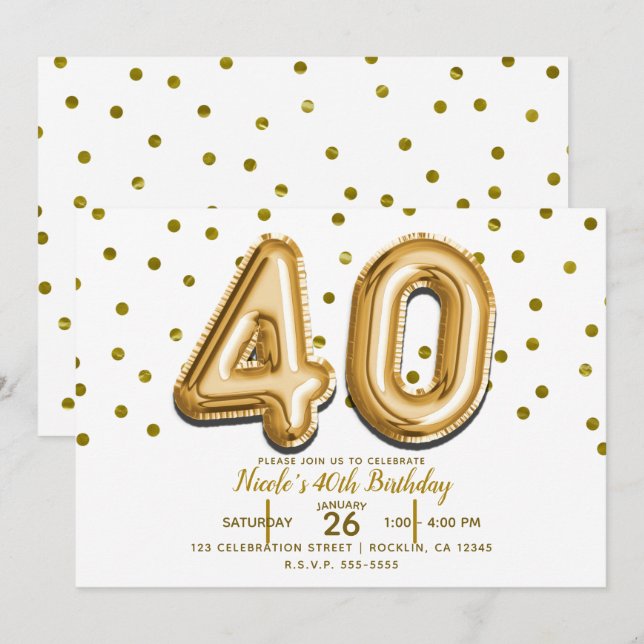 Invitación 40 Globos de Oro y Confeti Fiesta de Cumpleaños 40 (Anverso / Reverso)