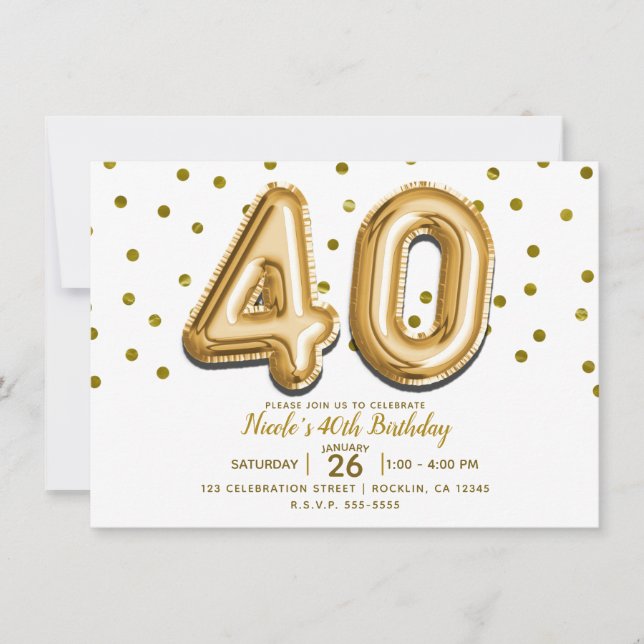 Invitación 40 Globos de Oro y Confeti Fiesta de Cumpleaños 40 (Anverso)
