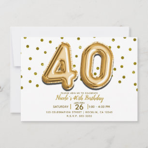 Invitación 40 Globos de Oro y Confeti Fiesta de Cumpleaños 40