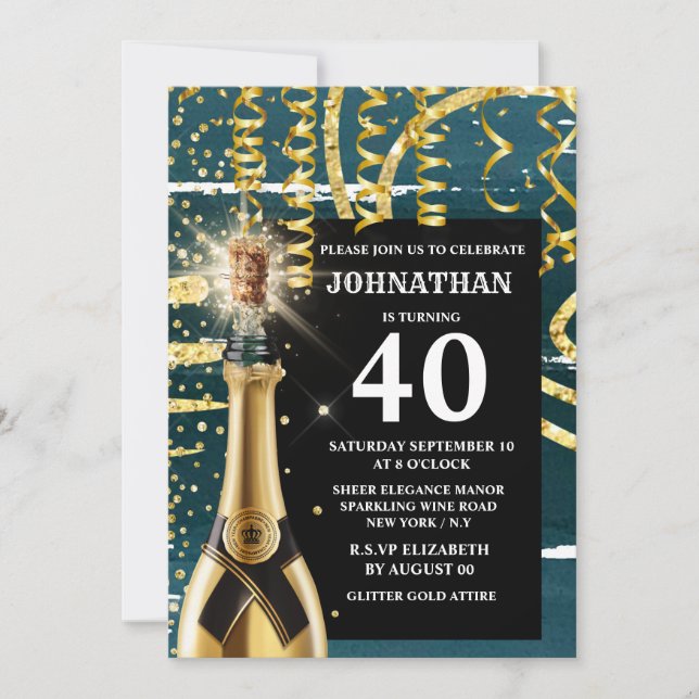 Invitación 40 moda purpurina azul oro espumoso de vino espumo (Anverso)