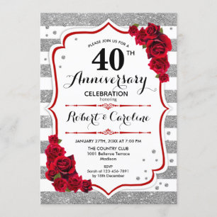 Invitación 40.o aniversario - rosas rojos blancos de plata