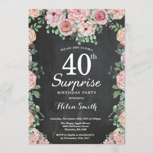Invitación 40.o cumpleaños de la sorpresa rosada floral de