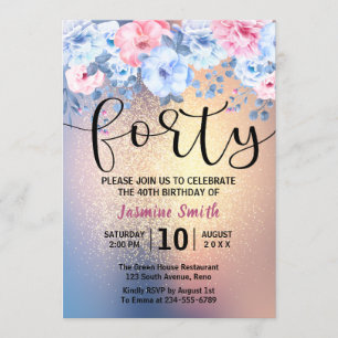 Invitación 40.o cumpleaños del purpurina floral moderno del