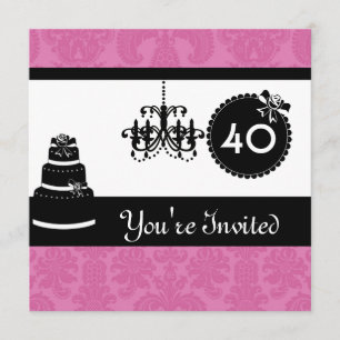 Invitación 40.o Damasco ROSADO negro y blanco de la fiesta de
