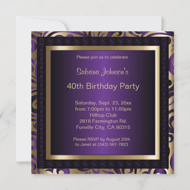 Invitación 40.o Fiesta de cumpleaños el | púrpura y oro (Reverso)