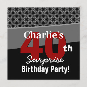 Invitación 40.o Gris rojo blanco negro moderno del cumpleaños