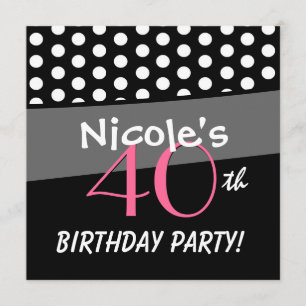 Invitación 40.o Lunares rosados blancos negros del cumpleaños