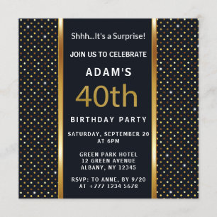Invitación 40.o oro personalizado elegante y negro del