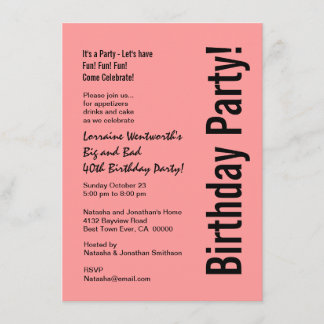 Invitación 40.o Presupuesto rosado y negro V101E de la fiesta