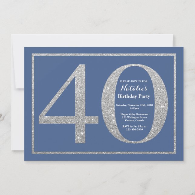 Invitación 40.o Purpurina azul y de plata del cumpleaños (Anverso)