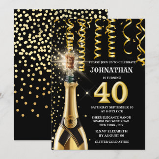 Invitación 40 purpurina negro de oro espumoso de oro de 40 hi