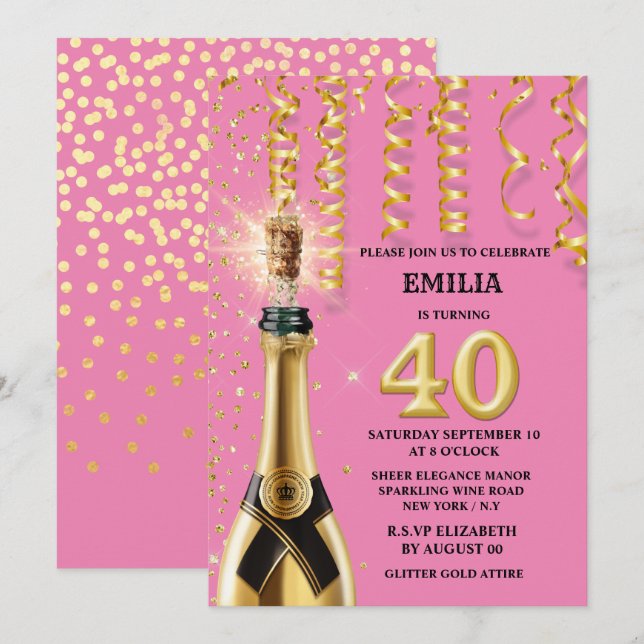 Invitación 40 purpurina negro rosa espumoso de vino espumoso  (Anverso / Reverso)