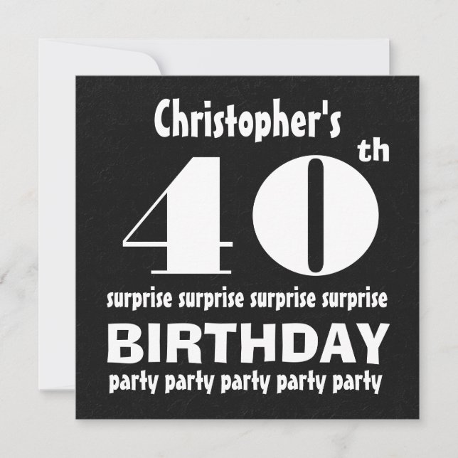 Invitación 40° SORPRESA Fiesta de cumpleaños blanco negro W12 (Anverso)