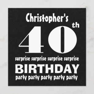 Invitación 40° SORPRESA Fiesta de cumpleaños blanco negro W12