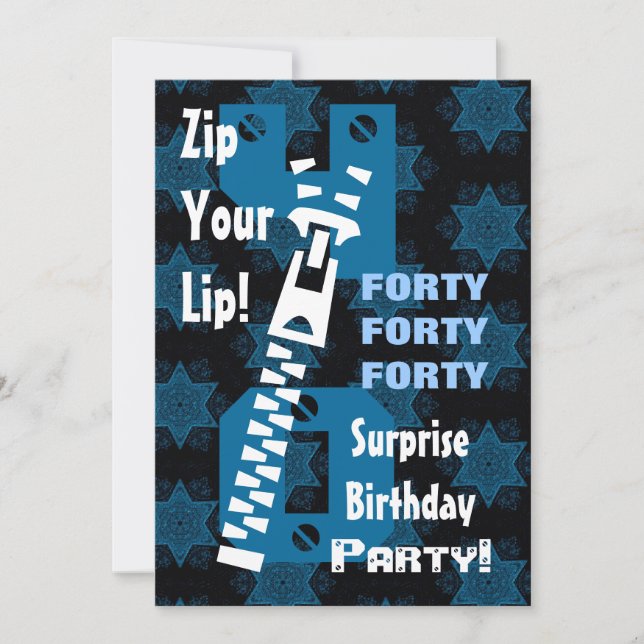 Invitación 40° SORPRESA Nacimiento Estrellas azules Zipper W1 (Anverso)