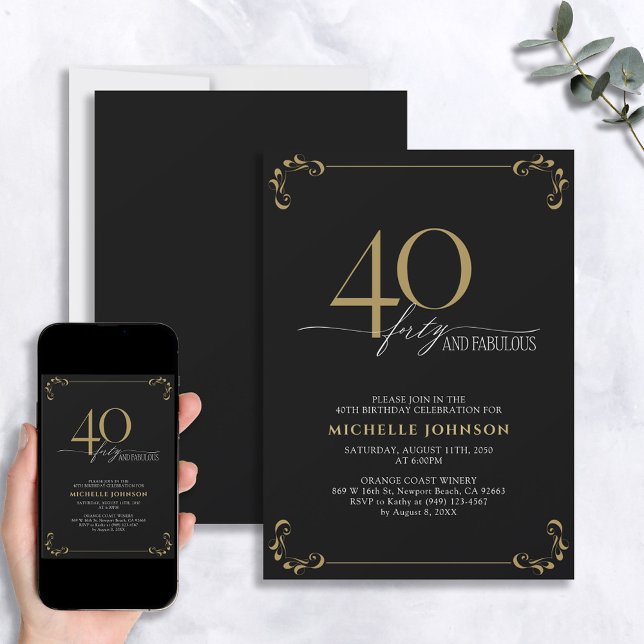 Invitación 40 y fabulosa caligrafía en negro y oro (Subido por el creador)