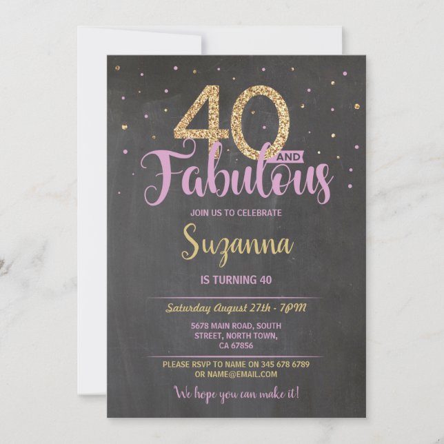 Invitación 40 y fabulosa fiesta de cumpleaños 40 Oro Rosado (Anverso)