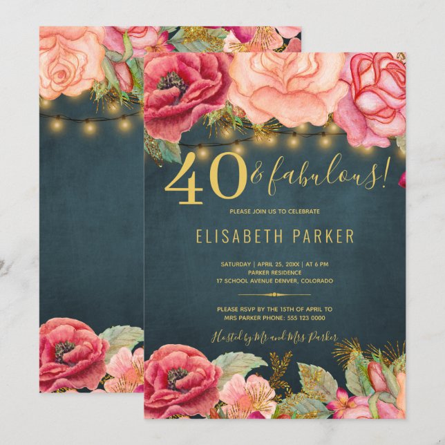 Invitación 40 y fabulosa fiesta de cumpleaños número 40 con e (Anverso / Reverso)