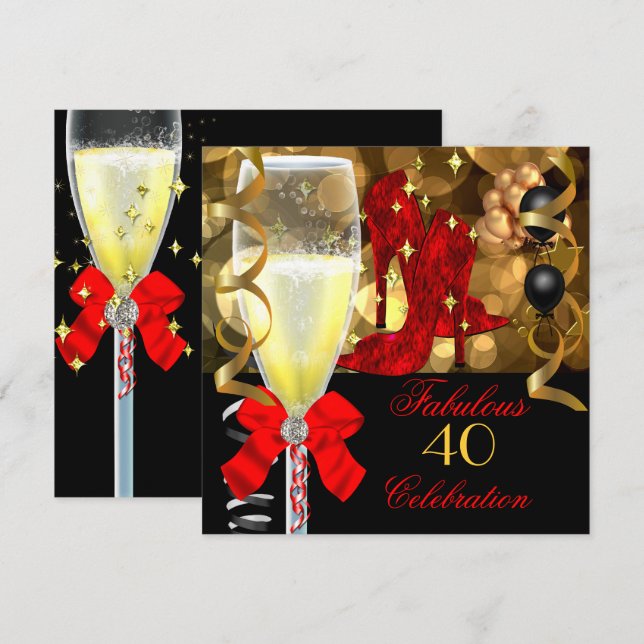 Invitación 40 y fabulosa fiesta de cumpleaños Red Black Gold (Anverso / Reverso)