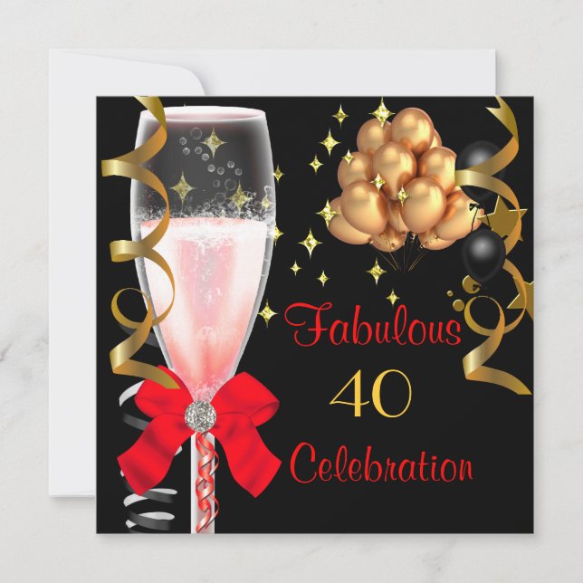 Invitación 40 y fabulosa fiesta de cumpleaños Red Black Gold (Anverso)