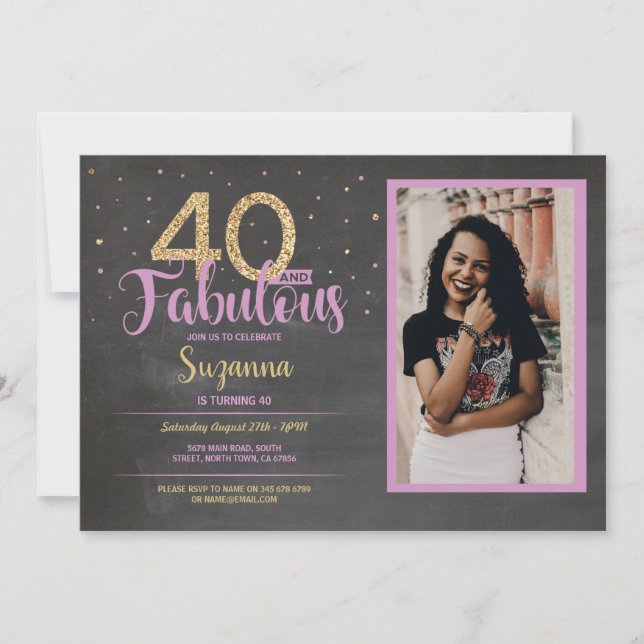 Invitación 40 y fabulosa fiesta de cumpleaños rosado 40.ª fot (Anverso)